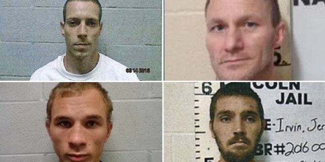 Trey Goodnight (top left), Sonny Baker (top right), Brian Moody (bottom left), and Jeremy Irvin escaped Lincoln County Jail Monday morning, the sheriff's office said. (Lincoln County Sheriff's Office)
