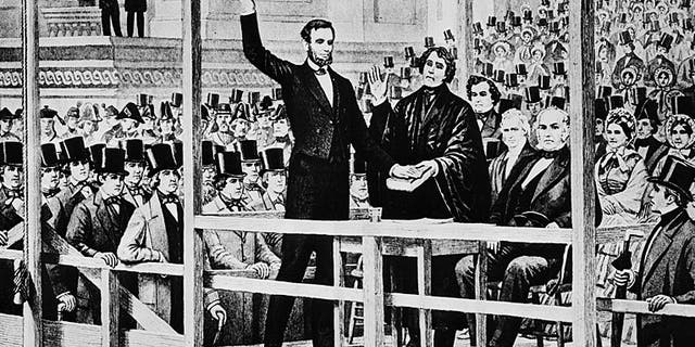 This drawing shows Abraham Lincoln taking the oath of office as the 16th president of the United States in front of the U.S. Capitol in Washington on March 4, 1861. AP PHOTO