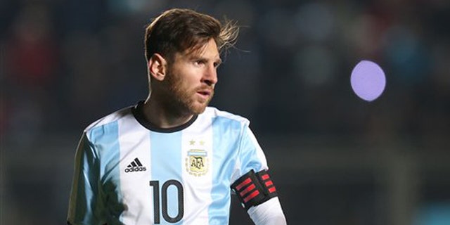 Argentina's Lionel Messi attends a friendly soccer match with Honduras in San Juan, Argentina, Friday, May 27, 2016. (AP Photo/Nicolas Aguilera)