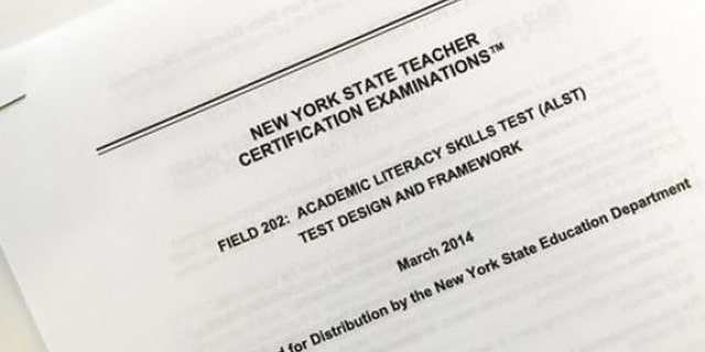 This March 8, 2017 photo shows the front page of a document explaining a certification exam known as the Academic Literacy Skills Test, designed to measure the reading and writing skills of aspiring teachers, in New York.