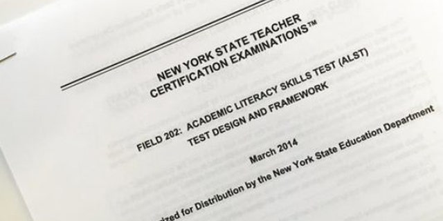 This March 8, 2017 photo shows the front page of a document explaining a certification exam known as the Academic Literacy Skills Test, designed to measure the reading and writing skills of aspiring teachers, in New York.