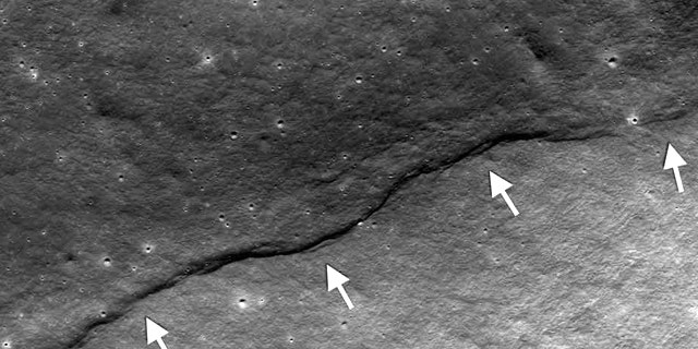 By analyzing new photos of faults such as this on the moon, scientists have concluded that our nearest heavenly body is shrinking.