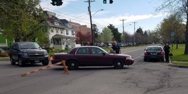 Police block off street after holdup at hospital near Buffalo, N.Y. (Harold McNeil/ Buffalo News)