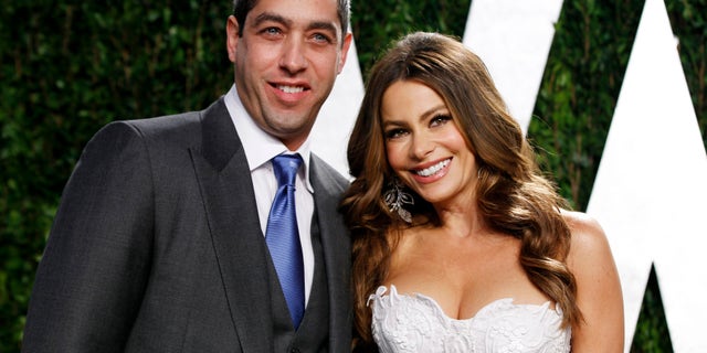 February 26, 2012. Actress Sofia Vergara and Nick Loeb arrive at the 2012 Vanity Fair Oscar party in West Hollywood, California.