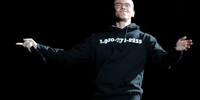 Rapper Logic preforms at the 60th Annual Grammy Awards.