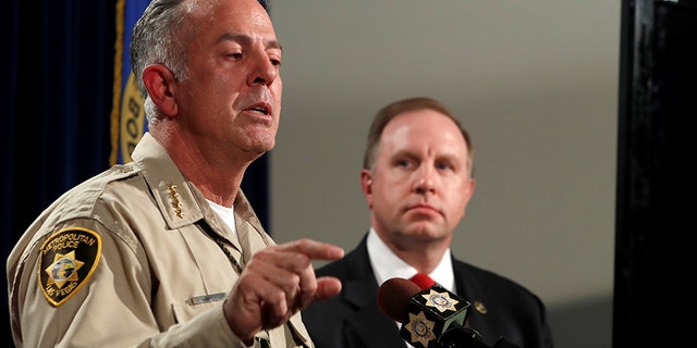 Oct. 3, 2017: Clark County Sheriff Joe Lombardo, left, responds to a question as Aaron Rouse, FBI Special Agent in Charge of the Las Vegas Division, looks on during a media briefing at the Las Vegas Metro Police headquarters in Las Vegas, Nev.