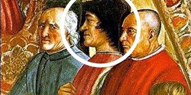 Can facial-recognition software, written to spot live faces, identify people in paintings such as this fresco showing 15th-century Italian statesman Lorenzo de' Medici (circled)?