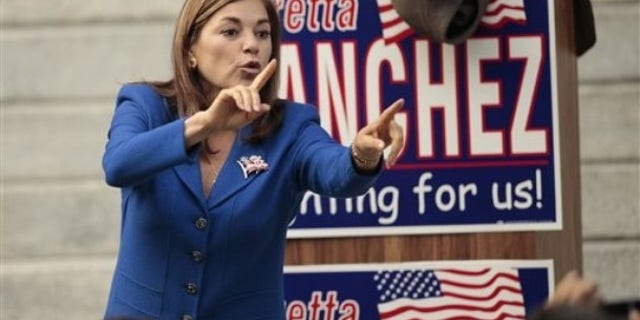Rep. Loretta Sanchez, D-Calif. , speaks to supporters on Friday, Oct. 15, 2010, outside the Old Orange County Courthouse in Santa Ana, Calif. (AP)