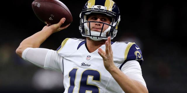 NEW ORLEANS, LA - NOVEMBER 27: Jared Goff #16 of the Los Angeles Rams warms up before a game against the New Orleans Saints at the Mercedes-Benz Superdome on November 27, 2016 in New Orleans, Louisiana. (Photo by Sean Gardner/Getty Images)