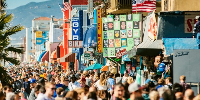 Crowded Venice Beach Broadwalk in Los Angeles. California.