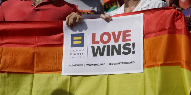 FILE - In this June 29, 2015, file photo, Supporters of the U.S. Supreme Courts ruling on same-sex marriage gather on the step of the Texas Capitol for a news conference celebrating marriage equality and looking to important work ahead in Austin, Texas.  (AP Photo/Eric Gay, File)