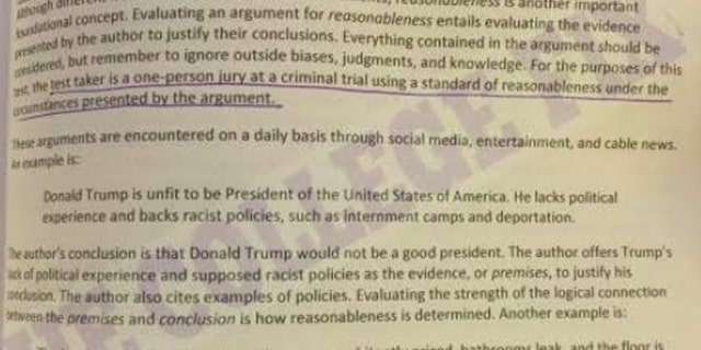 An LSAT test prep example labeled President Trump a "racist" who supports "internment camps."