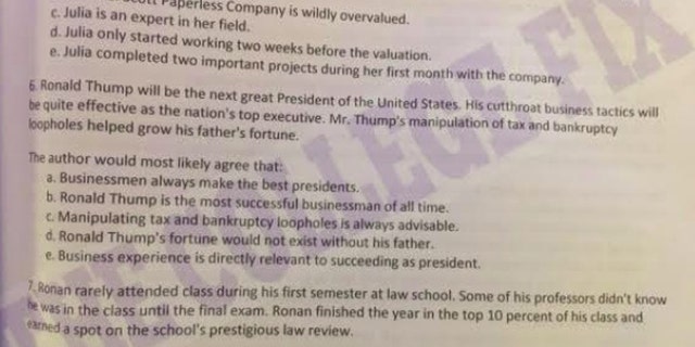 An LSAT test prep refers to President Trump manipulating tax and bankruptcy loopholes to grow his father's fortune.