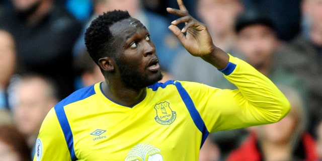 In this Saturday, Oct. 15, 2016 file photo, Everton's Romelu Lukaku celebrates after scoring during the English Premier League soccer match between Manchester City and Everton at the Etihad Stadium in Manchester, England.