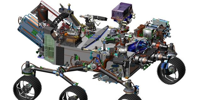 This image is from computer-assisted-design work on the Mars 2020 rover. The design leverages many successful features of NASA's Curiosity rover, which landed on Mars in 2012, but also adds new science instruments and a sampling system to carry out new goals for the 2020 mission.