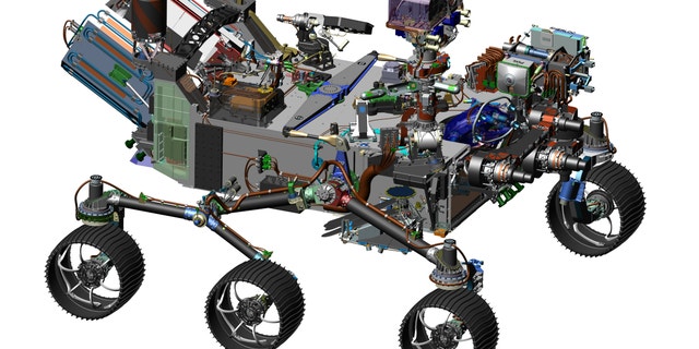 This image is from computer-assisted-design work on the Mars 2020 rover. The design leverages many successful features of NASA's Curiosity rover, which landed on Mars in 2012, but also adds new science instruments and a sampling system to carry out new goals for the 2020 mission.
