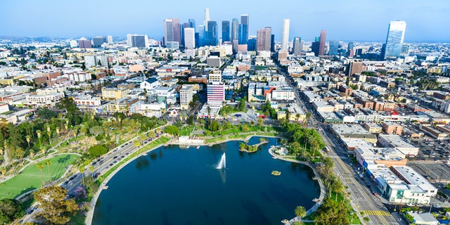 View of MacArthur Park Lake in Los Angeles, CA