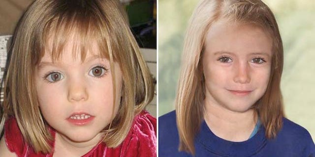 Missing Madeleine McCann as a toddler next to an age progression photo