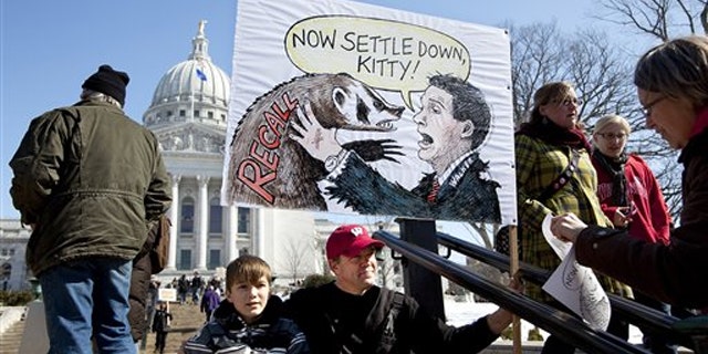 Protesters gather outside the Capitol in Madison, Wis., March 10.