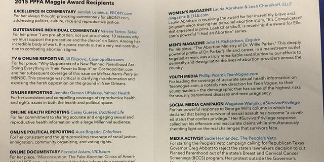 The Media Research Center obtained a copy of Tuesday's program honoring journalists friendly to Planned Parenthood's cause. (MRC)