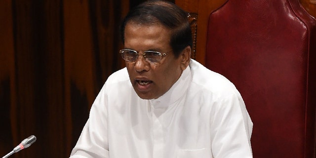 Sri Lankan President Maithripala Sirisena, seen here during an earlier speech in 2018, called the national carrier's cashews so poor that "even dogs can't eat" them.