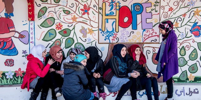 Girls outside a refugee school in Lebanon, built by Malala Fund.