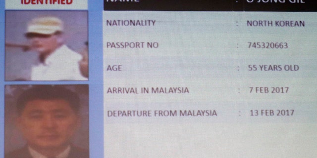 Information about one of the suspects North Korean O Jong Gil, is displayed during a press conference by Malaysia Deputy National Police Chief Noor Rashid Ibrahim, not show, at the Bukit Aman national police headquarters in Kuala Lumpur, Malaysia, Sunday, Feb. 19, 2017. Malaysia's police are looking for four more North Korean suspects who they say left the country the same day the North Korean leader's brother died after being attacked at the Kuala Lumpur airport. (AP Photo/Vincent Thian)