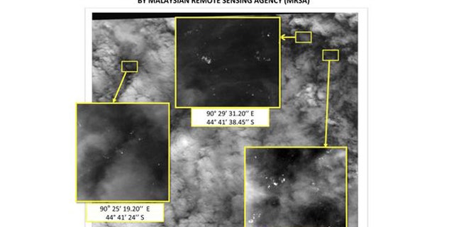 A satellite photo, showing the locations and coordinates of unknown objects reported by the Malaysian Remote Sensing Agency (MRSA) in the Indian Ocean, is seen in this handout photo taken by the MRSA on March 23, 2014 and released to Reuters on March 26, 2014.
