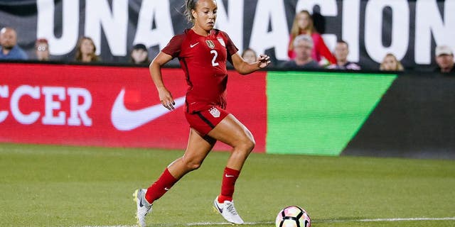 FRISCO, TX - APRIL 06: U.S. Women's National Soccer Midfielder Mallory Pugh (2) brings the ball into the box during the international friendly soccer match between the United States Women's National team and Russian National team on April 6, 2017 at Toyota Stadium in Frisco, TX. The United States defeated Russia 4-0. (Photo by Andrew Dieb/Icon Sportswire) (Icon Sportswire via AP Images)