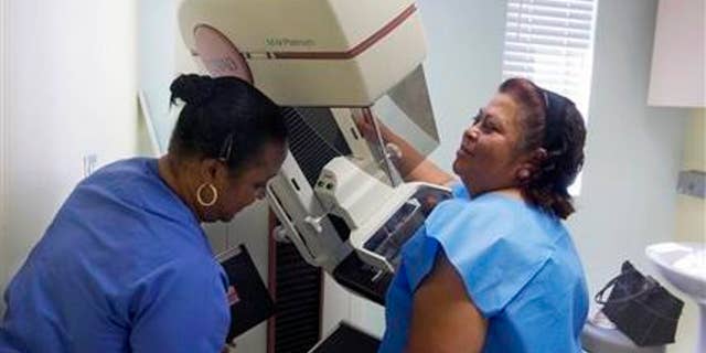 May 6, 2010: In this photo, detection lead mammographer, Toborcia Bedgood, left, prepares a screen-film mammography test for patient Alicia Maldonado, at The Elizabeth Center for Cancer Detection in Los Angeles.
