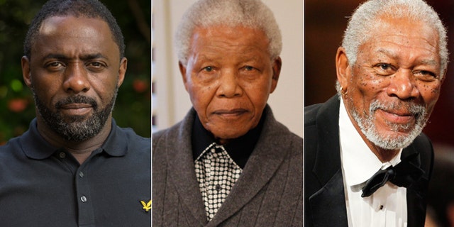 Idris Elba, left, and Morgan Freeman, right, reacted to news of Nelson Mandela's death, center.