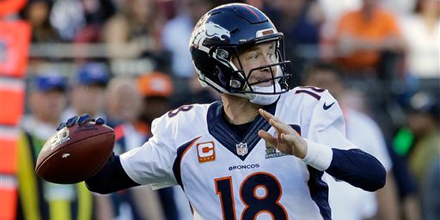 Denver Broncos quarterback Peyton Manning, #18, throws during the first half of the NFL Super Bowl 50 football game against the Carolina Panthers Sunday, Feb. 7, 2016, in Santa Clara, California.