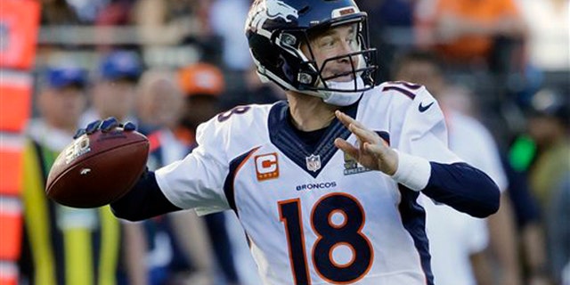 Denver Broncos quarterback Peyton Manning, #18, throws during the first half of the NFL Super Bowl 50 football game against the Carolina Panthers Sunday, Feb. 7, 2016, in Santa Clara, California.