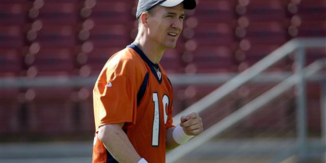 Denver Broncos quarterback Peyton Manning walks on the field during an NFL football practice in Stanford, Calif., Friday, Feb. 5, 2016. (AP Photo/Jeff Chiu)
