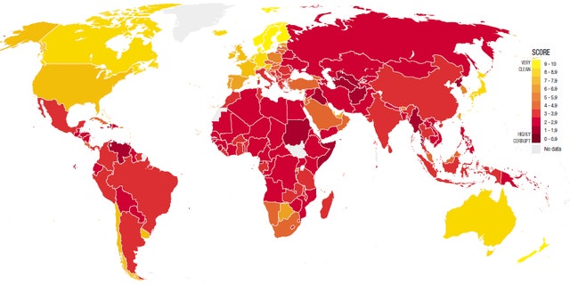 A map of the world showing corruption levels across the globe. Yellow is very clean, while dark red signifies highly corrupt.