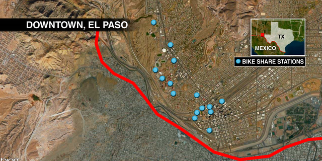 The 16 bike stations scattered around downtown El Paso, very close to an international bridge.