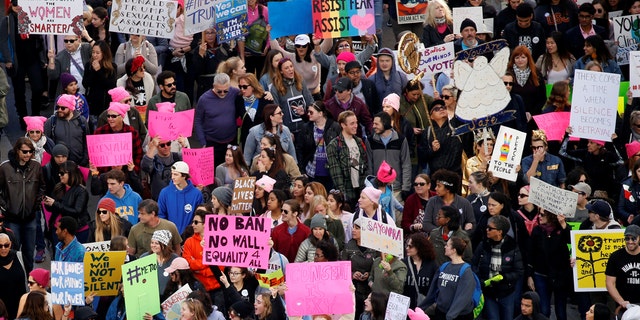 People participate in the second annual Women's March in Los Angeles on Jan. 20, 2018.