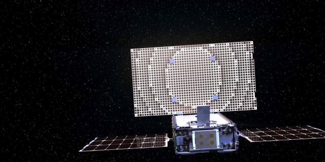 An artist's illustration of one of NASA's Mars Cube One (MarCO) cubesats. The twin MarCOs are the first cubesats to complete a trajectory correction maneuver, firing their thrusters to guide themselves toward Mars.