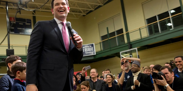 Feb. 8, 2016: Republican presidential candidate Sen. Marco Rubio, R-Fla., smiles as he speaks during the final rally before the New Hampshire primary at Nashua Community College in Nashua, N.H. (AP Photo/Jacquelyn Martin)