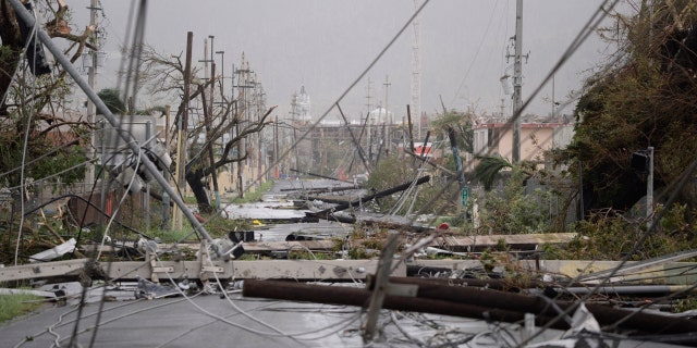 Electricity poles and lines lay toppled on the road in Humacao, Puerto Rico, after Hurricane Maria in 2017.