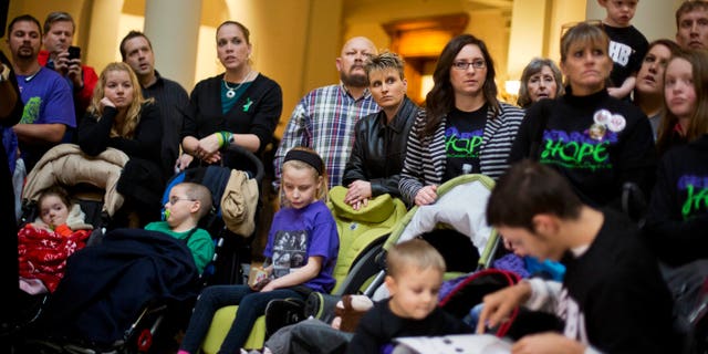 This Jan. 13, 2015 file photo, shows parents of children who suffer from epilepsy. (AP Photo/David Goldman, File)