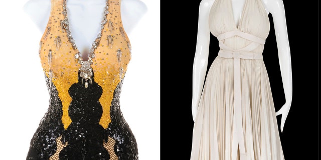 This combination photo of images released by Profiles in History shows costumes worn by actress Marilyn Monroe in "Gentlemen Prefer Blondes," left, and "The Seven Year Itch," that are up for auction in October 2018.