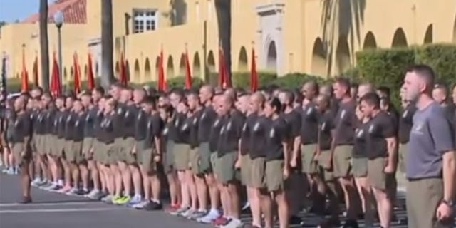 Recruits are pictured at Marine Corps Recruit Depot in San Diego, where more than 300 cases of E. coli have been reported.