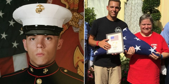 US Marine Lance Cpl. Skip Wells, in his military portrait, and with his mother, Cathy Wells, in a photo taken last week at Disney World, where Skip was honored as a service member of the day. (Courtesy: Cathy Wells)