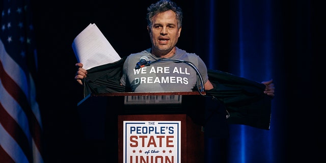 Mark Ruffalo shows his T-shirt reading "We are all dreamers" during the "People's State of the Union" event at The Town Hall in New York, Monday, Jan. 29, 2018.