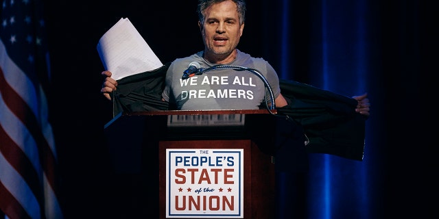 Mark Ruffalo shows his T-shirt reading "We are all dreamers" during the "People's State of the Union" event at The Town Hall in New York, Monday, Jan. 29, 2018.
