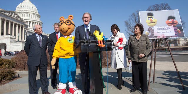 Wednesday: Rep. Ed Markey, D-Mass., accompanied by Rep. Paul Tonko, D-N.Y., Rep. Bill Owens, D-N.Y., Arthur the Aardvark, Rep. Betty McCollum, D-Minn., and Rep. Nita Lowey, D-N.Y., speaks during news conference on Capitol Hill to discuss the future of Public Broadcasting.