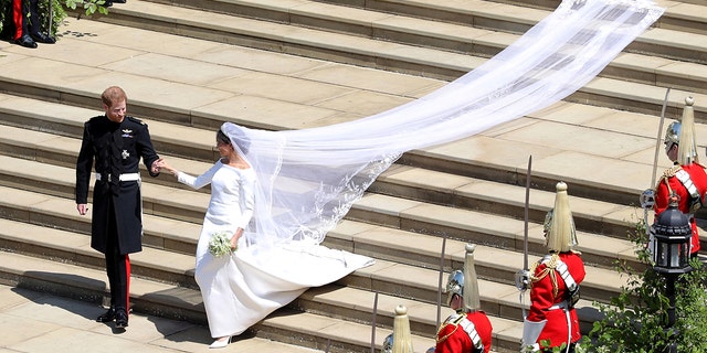 Meghan Markle's long, elegant wedding dress.