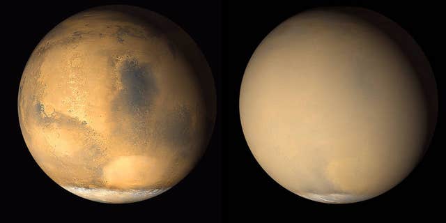 Two images by NASA's Mars Global Surveyor orbiter taken in 2001 show a dramatic change in the Red Planet's appearance when haze raised by dust-storm activity in the south became globally distributed. The photos were taken about a month apart.
