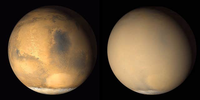 Two images by NASA's Mars Global Surveyor orbiter taken in 2001 show a dramatic change in the Red Planet's appearance when haze raised by dust-storm activity in the south became globally distributed. The photos were taken about a month apart.